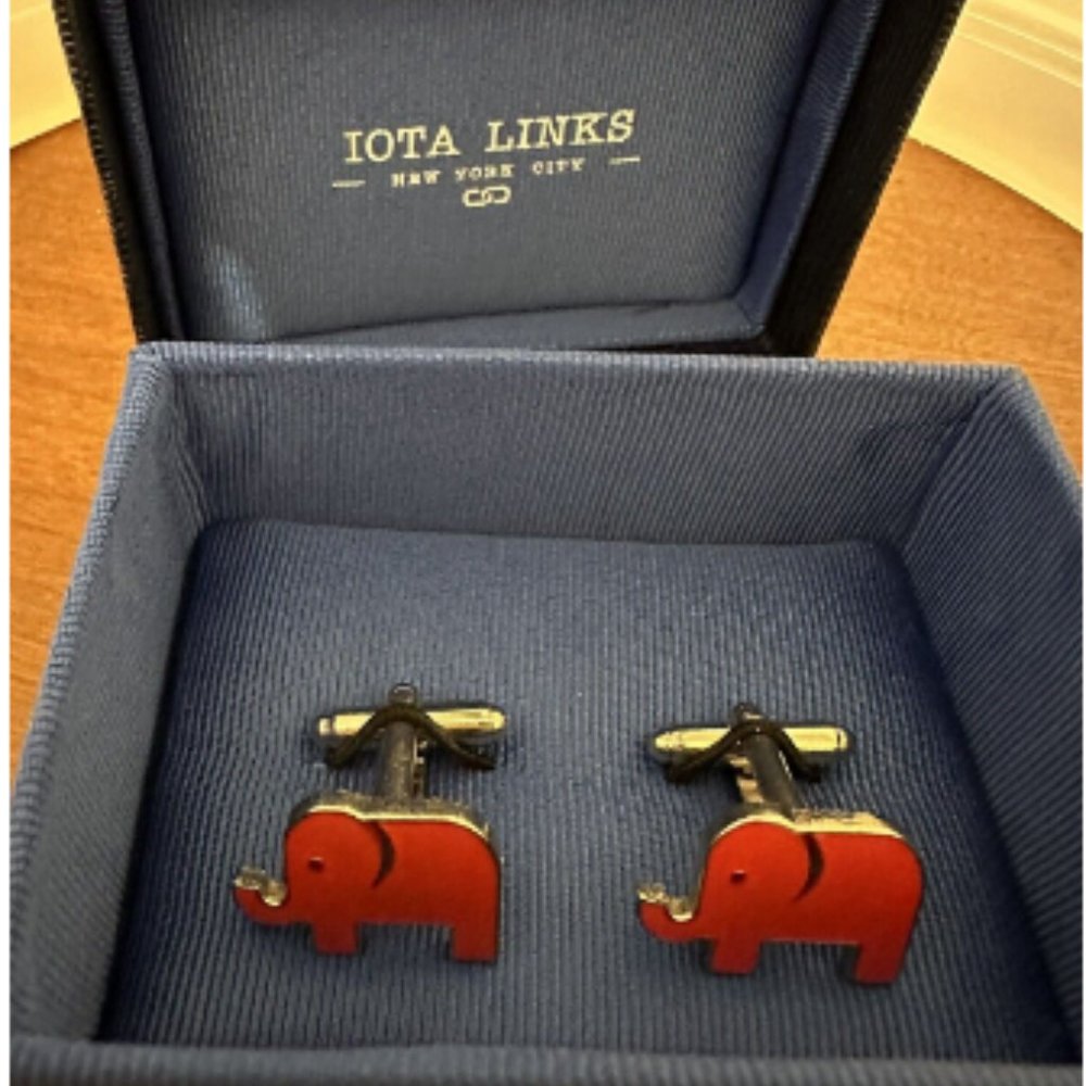 NIB Silver Tone Red Enamel Elephant Cuff-links Republican GOP